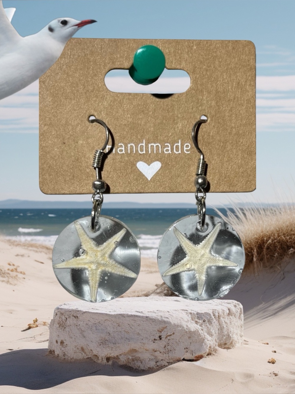 Handmade Starfish Resin Dangle Earrings - Clear with Cream Star